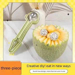3-in-1 fruit melon baller, pulp remover, watermelon scoop, fruit flesh extractor, carving knife, and fruit-removing tool.