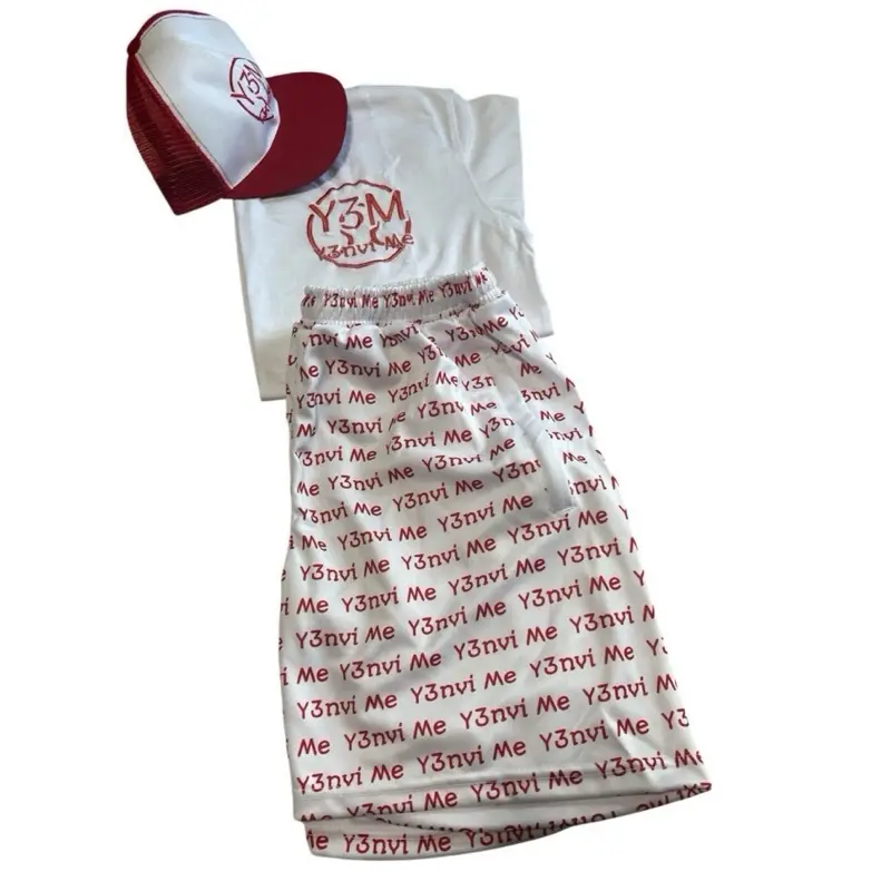 Y3M Red & White Short Set with Hat Combo featuring Y3M Logo on T-Shirt and Trucker Hat