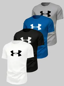 Andrea Style Breathable Print T-Shirt, Men's Multi-Color Sports Clothing, Classic Logo Lightweight Training Top, Running Workout Tee