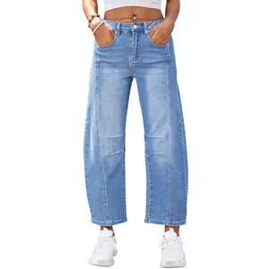 Genleck Barrel Jeans Women Wide Leg Cropped Jeans High Waisted Baggy Boyfriend Mom Denim Ankle Pants with Pockets Basic Fabric