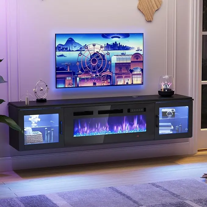 Floating TV Stand with 36" Electric Fireplace High Gloss Finish Wall Mounted Entertainment Center for TVs Up to 80" Black TV Stand and Fireplace,dorm essentials,home decor