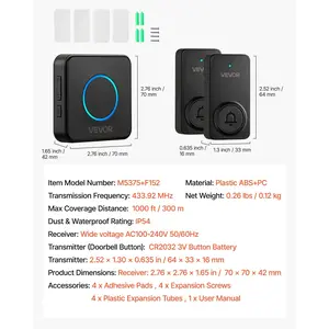 VEVOR Wireless Doorbell Kit, IP54 Waterproof Door Chime Ranges up to 1000 ft, 5 Adjustable Volumes, 48 Ringtones, Easy Installation, Wireless Doorbell Ideal for Home, Doorway, Classroom, Office, Black