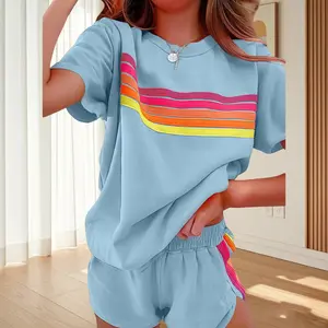 Vibrant Colorblock Set | Spring Summer New Rainbow Colorblock Loungewear Set  |  Women's Rainbow Striped Home Casual Set