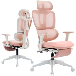 Premium Ergonomic Mesh Office Chair with Retractable Footrest, Dynamic Lumbar Support and 4D Armrests - Pink