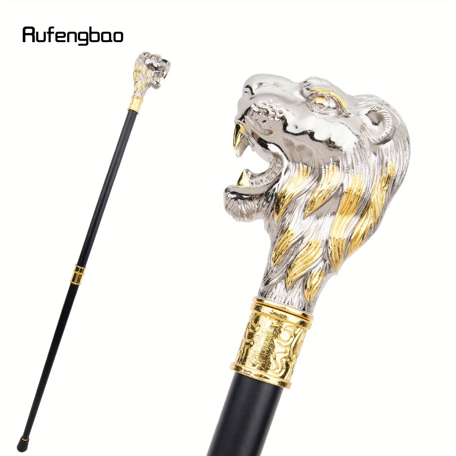 Golden White Lion Head with Mustache Fashion Stick Decorative Cosplay Vintage Fashionable Masculine Cane Crosier 94cm
