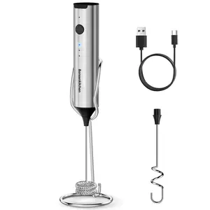 Bonsenkitchen Rechargeable Milk Frother with Stand, 3-Speed Handheld Coffee Frother, Dual Spring Whisk Electric Hand Frother Wand Drink Mixer for Lattes Cappuccino Protein, Kitchen Gifts