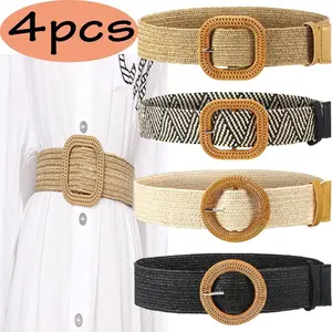 Elastic Belt for Women Straw Woven Elastic Stretch Waist Belt Women Skinny Dress Belt Belts for Women Dresses Boho Style Buckle