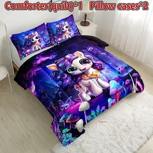 3-Piece Colorful Mushroom Unicorn Pattern Bedding Set - Soft, Lightweight, Breathable Bedding with 200g Quilted Fill, Includes 1 Quilt and 2 Pillowcases (without Pillow Core) - Perfect for Home or Dormitory Use