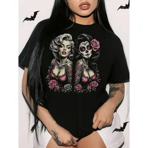 Women's Gothic Halloween Sugar Skull Pin-Up Print Casual Short-Sleeve Crew Neck T-Shirt, Spring Summer Wear, Holiday Gift