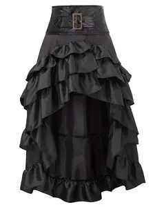 Women's Vintage Style High-Waisted Skirt, Irregular Ruffle Hem, Patchwork Cake Design, For Parties or Evening Events, Formal