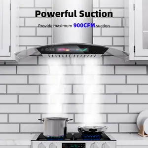 BRANO 36 inch Wall Mount Range Hood,Tempered Glass 900 CFM,Voice/Gesture/Touch Control,Stainless Steel Kitchen Hood Vent with 4 Speed Exhaust Fan