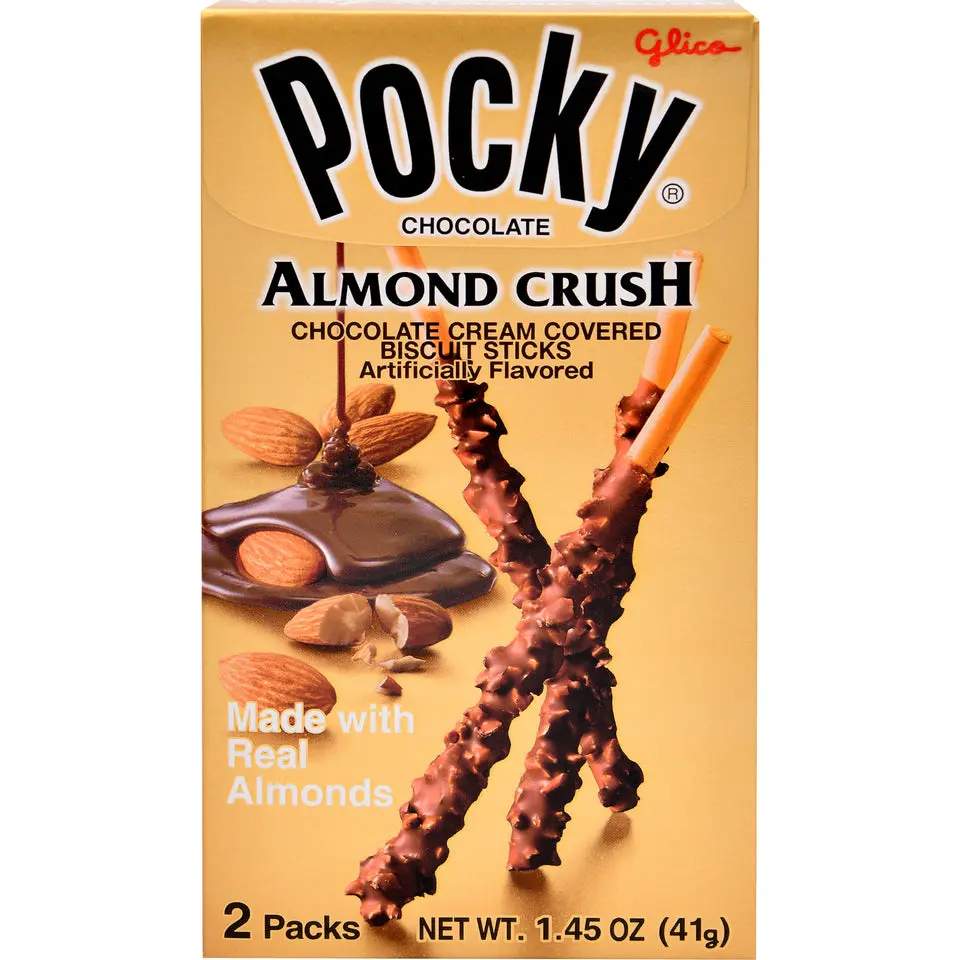 Pocky Glico Almond Crush Crispy Chocolate Cookies, 41g Creamy Crunchy Sweet Snack Biscuits with Real Almonds, Chocolate Cookie, Snacks, Biscuit Sticks, Chocolate Cream Covered