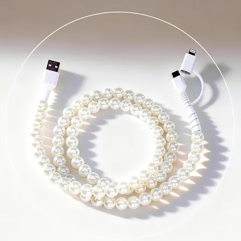 Anti-Tangle 2-in-1 Car-Home Beaded Charging Cable (1M) - USB C & Lightning, ABS Plastic, 3 Styles (White Beads, Rainbow Star, Macaron Color), Aesthetic Durable, for Smartphone, Cellphone, Electronic Devices, Portable Chargers, Car Adapter, Mobile