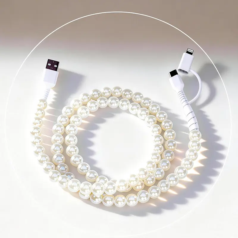 Aesthetic Durable 2-Pack Car+Home Beaded 2-in-1 Anti-Tangle Charging Cable (1M) - USB C & Lightning, ABS Plastic, 3 Styles (White Beads, Rainbow Star, Macaron Color) for Mobile Phones, Portable Chargers, Cars