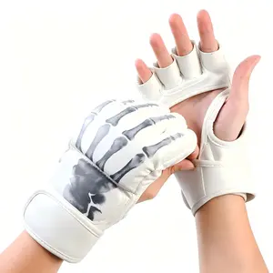 Skull Pattern Open Finger Boxing Gloves, Thick Shock Absorbent Protective Half Finger Sparring Gloves For Muay Thai, Kickboxing & Heavy Bag Fighting Training