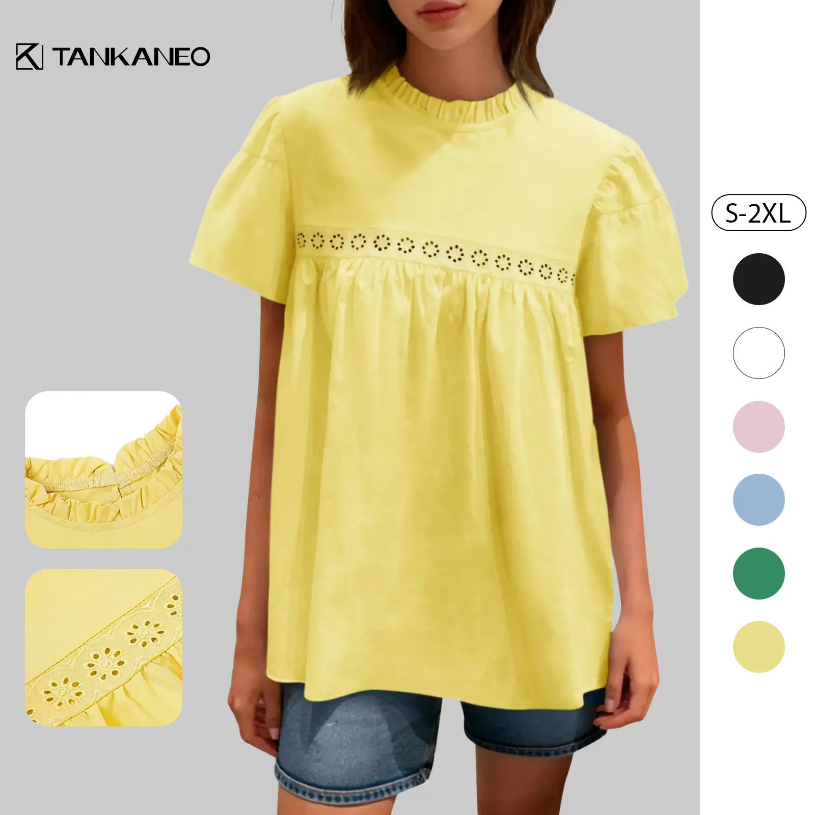 TANKANEO Women's Feminine Mock Neck Ruffle Short-Sleeve Peplum Blouse - Comfortable Fabric, Loose-Fit Pleated Tunic Top for Spring Summer, Easy to Pair with Jeans