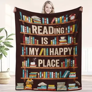 Vintage-Style Cozy Flannel Throw Blanket with "Reading is My Happy Place" Design – All-Season Comfort, Perfect Gift for Book Lovers, Retro Mixed Colors, Ideal for Home or Office Reading, Bookworm Decor, Book Lover Gifts  Warm Haven Textiles