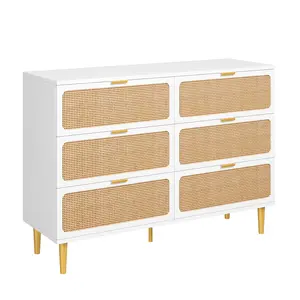 Modern Rattan 6 Drawer Dresser - Tall Chest, Deep Storage, Wide Top, Long Wooden Cabinet for Entryway, Bedroom, Living Room, Hallway, Kids Room - Ideal Home Organizer