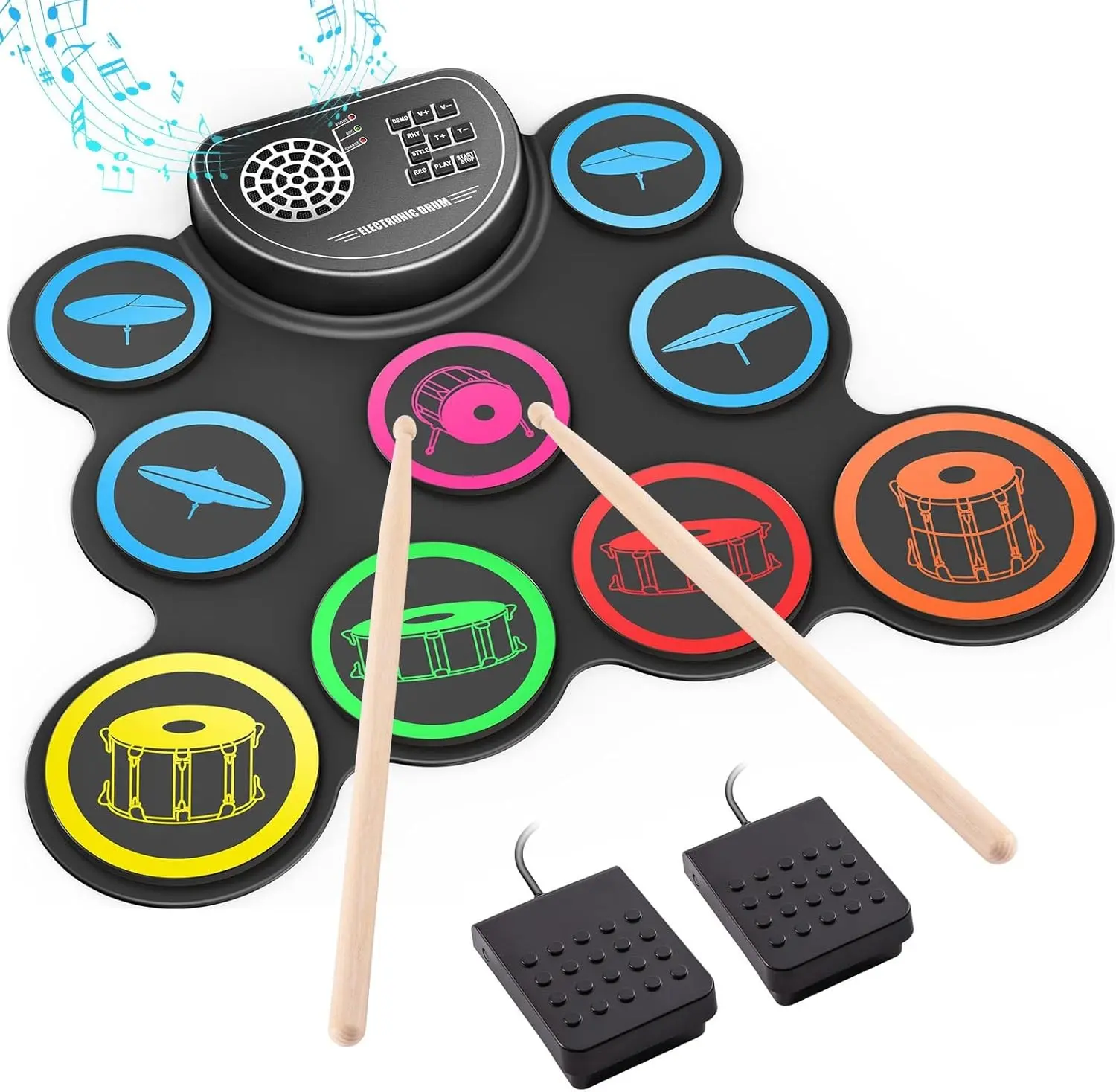 Rechargeable Electronic Drums Kit - 9-Drum Roll-Up Portable Musical Toy for Kids 3 and Above, 5V Rechargeable Battery, 10-Hour Life, Headphone Jack, Built-In Speaker, Recording Device, Aux, Ideal Christmas Gift, 5 V
