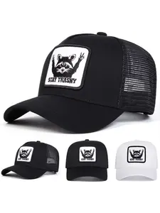 Unisex Stay Trashy Raccoon Mesh Baseball Cap, Adjustable Sun Protection Casual Hat for Spring & Fall, Outdoor Travel Beach Vacation, Graphic Trucker Hat