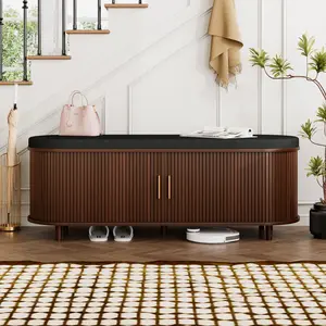 【SummerVibes】DHH 35"/43"/51" Mid-Century Modern Entryway Shoe Bench, Fluted Storage Bench with Seat, Wood Hidden Shoe Organizer Cabinet, Robot Vacuum Friendly Hallway Furniture outdoorfun