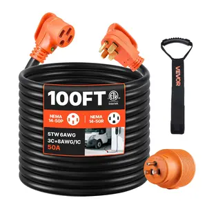 VEVOR Outdoor Heavy-Duty Pure Copper RV Extension Cord, 100 FT Long Distance, 50 A 125V 7500W, STW 6/3 + 8/1 Gauge Wire, NEMA 14-50P Male to NEMA 14-50R Female Plug, LED Indicator, Handle, 15A Adapter, ETL Listed for RV Trailers