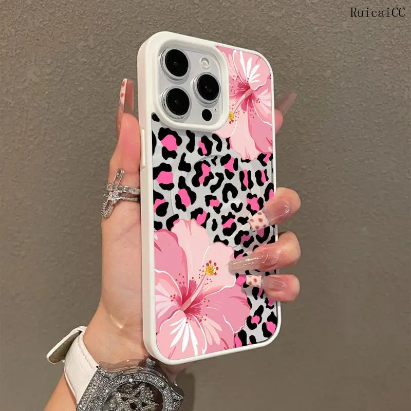 MagSafe Ready Pink Leopard & Hibiscus Blooms Aesthetic TPU Protector Cellphone Case - Customized, Shockproof, Anti-Fall, Ultra-Thin Accessory for iPhone 11/12/13/14/15/16 Pro Max/Plus, Everyday Use, Smartphone, Handheld