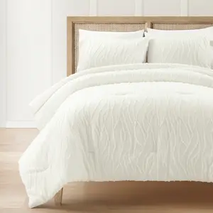 Lush Decor Jacquard Wave Comforter Queen Size 3 Piece Set Full/Queen/King/Cal King Soft White - White Comforter Bedding Set - Coastal Bedroom Decor
