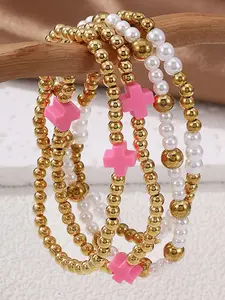 Four-piece Cross Beaded Pearl Bracelets, Light Luxury Minimalist Style, Smooth Flawless Pearls/Delicate Cross Metal Texture, Nice for Single/Layered Wear/Girlfriend Gifts, Suitable for Exquisiteness-pursuing Young Girls, Stackable Bracelets