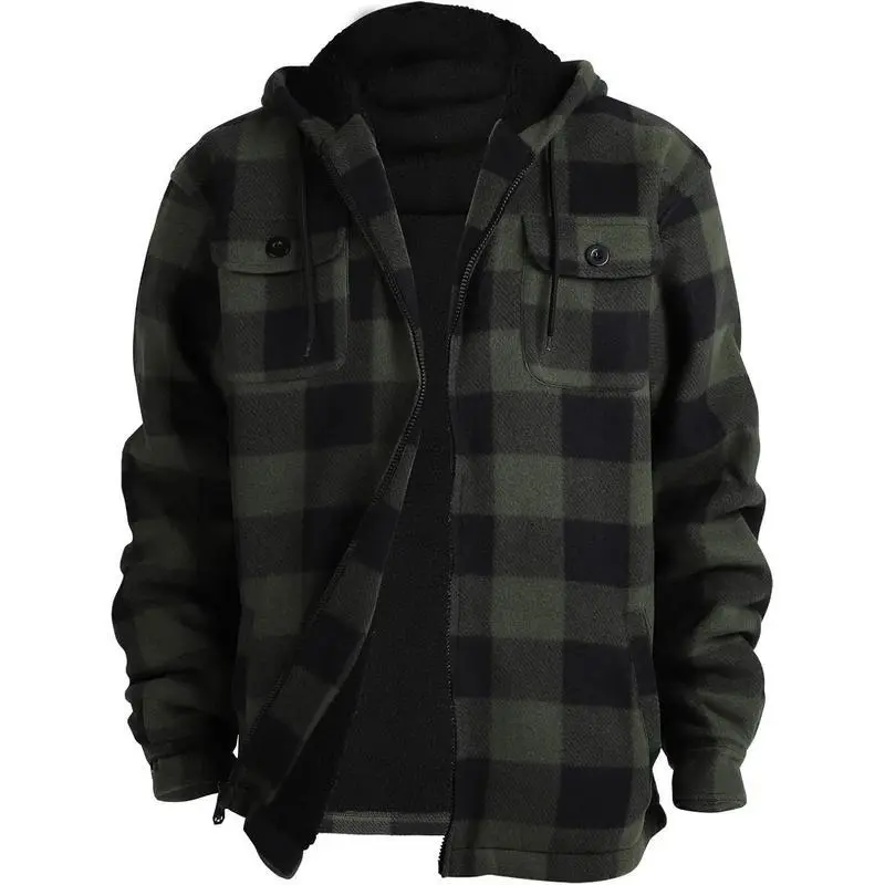 Men's Sherpa-Lined Plaid Hoodie Sweatshirt - Heavyweight Long-Sleeve Regular-Sleeve Flannel Fleece Button-Up Winter Coat, Size L Casual Soft Male Sports & Outdoor Top