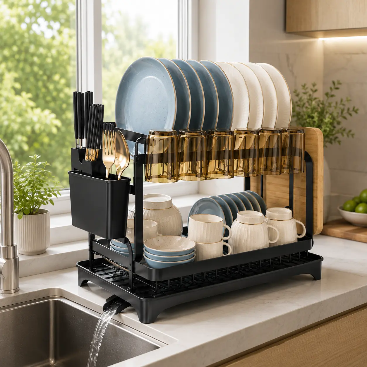 2-Tier Adjustable Metal Dish Drying Rack with Drainboard, Rustproof Organiser for Kitchen Countertop Storage, Includes Utensil & Cup Holder, Adjustable Metal Rack