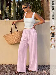 Women's 2 Pieces Outfit Square Neck Tank Tops, Camisole & Linen Wide Leg Pants Set - Elastic Waist Drawstring Casual High Waist Trousers, Summer Vacation Casual Co-Ord for Beach, Daily Wear & Resort Wear