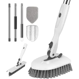 4-in-1 tile bathtub floor cleaning brush, equipped with a 52inch long adjustable handle, V-shaped tile brush and 3 replacement brush heads, suitable for bathrooms, kitchen walls, bathtub tiles, white and gray