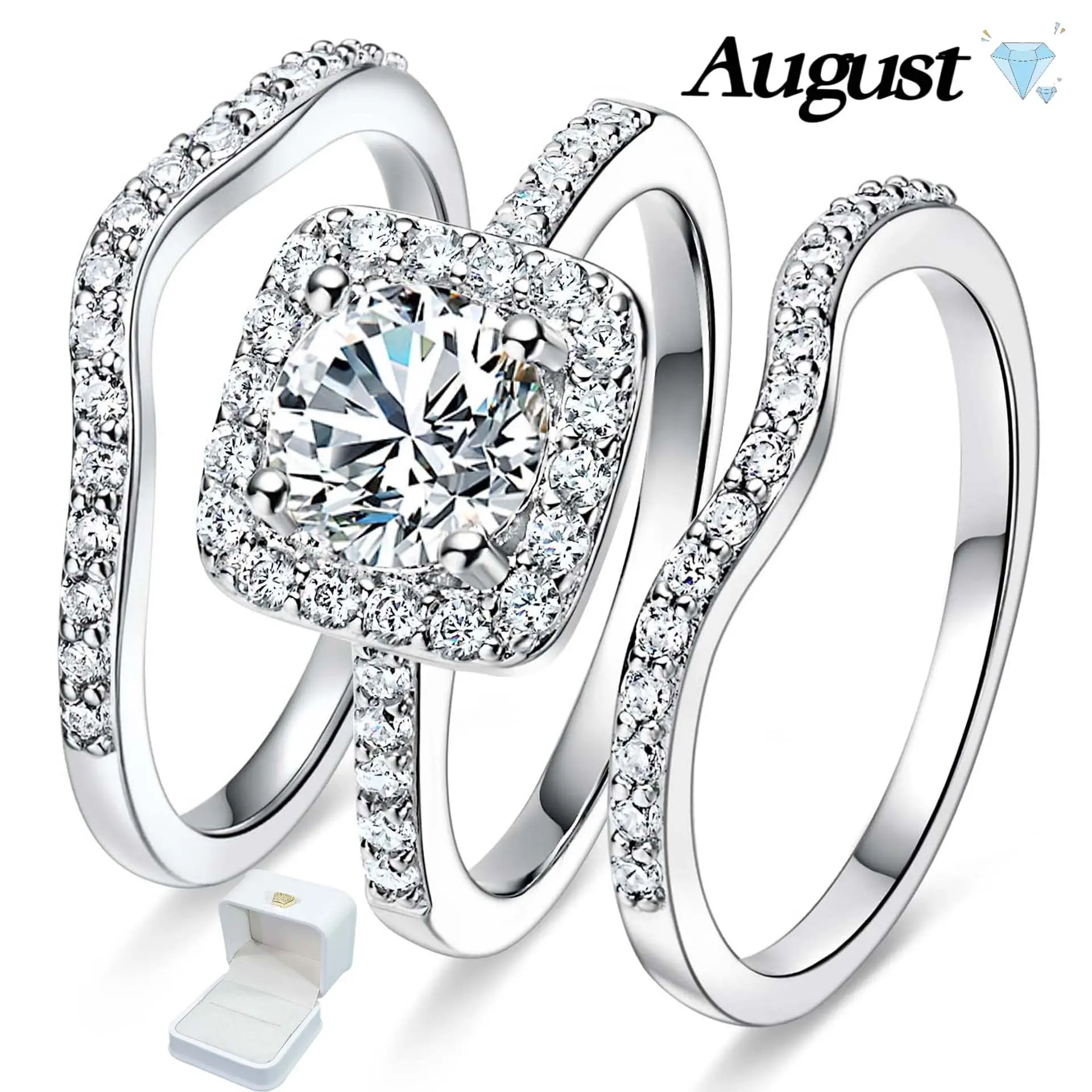3-in-1 Engagement Ring Set for Women, Cubic Zirconia Round Cut Cluster Bands, Waterproof Stacking Anniversary Jewelry, Cluster Stone Engagement Ring, Stacking Ring Set