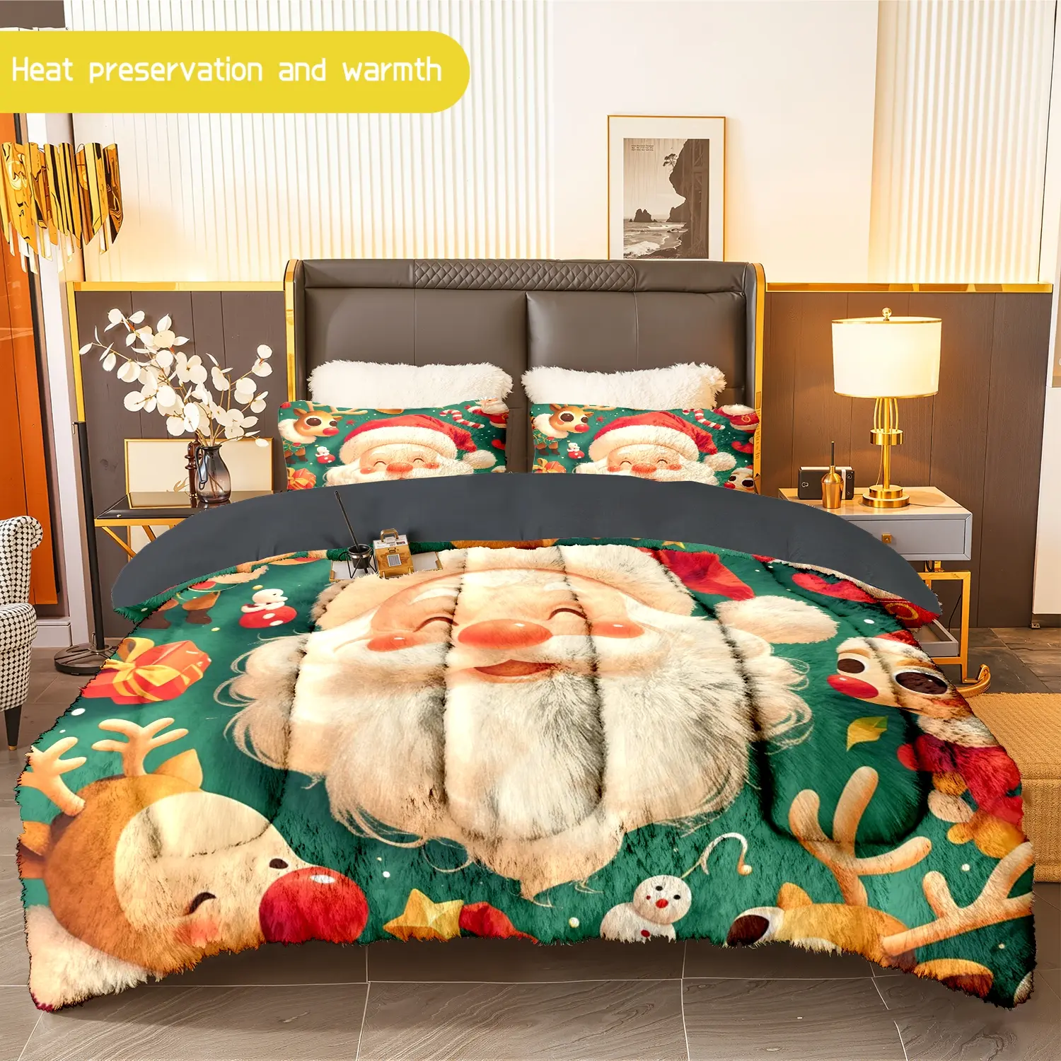 3pcs (1 comforter + 2 pillowcases) Christmas Santa Reindeer Flannel & Milk Velvet Comforter Set, Soft Warm Bedding Set for Adults, Cozy Bedding Essentials, Trendy Holiday Bedding