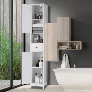 White 66.9in tall and narrow bathroom cabinet - Adjustable shelves, drawer, double doors, ideal for small spaces - Water resistant