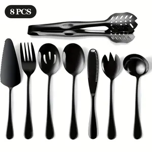 8pcs Luxury Stainless Steel Serving Utensils Set, Dishes Leakage, Butter Knife Cake Shovel to Use, Mirror Polished Buffets Serving Cutlery Set, Dishwasher Safe, Serving Forks and Spoons Set for Restaurant Hotel, Suitable for Camping, Picnics, Parties