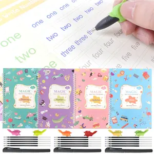 4 Pack Grooved Writing Practice Book for Kids - Letter Tracing for Kids ages 3-5, Magic Copybook Set with Pencil Grips and Magical Pens