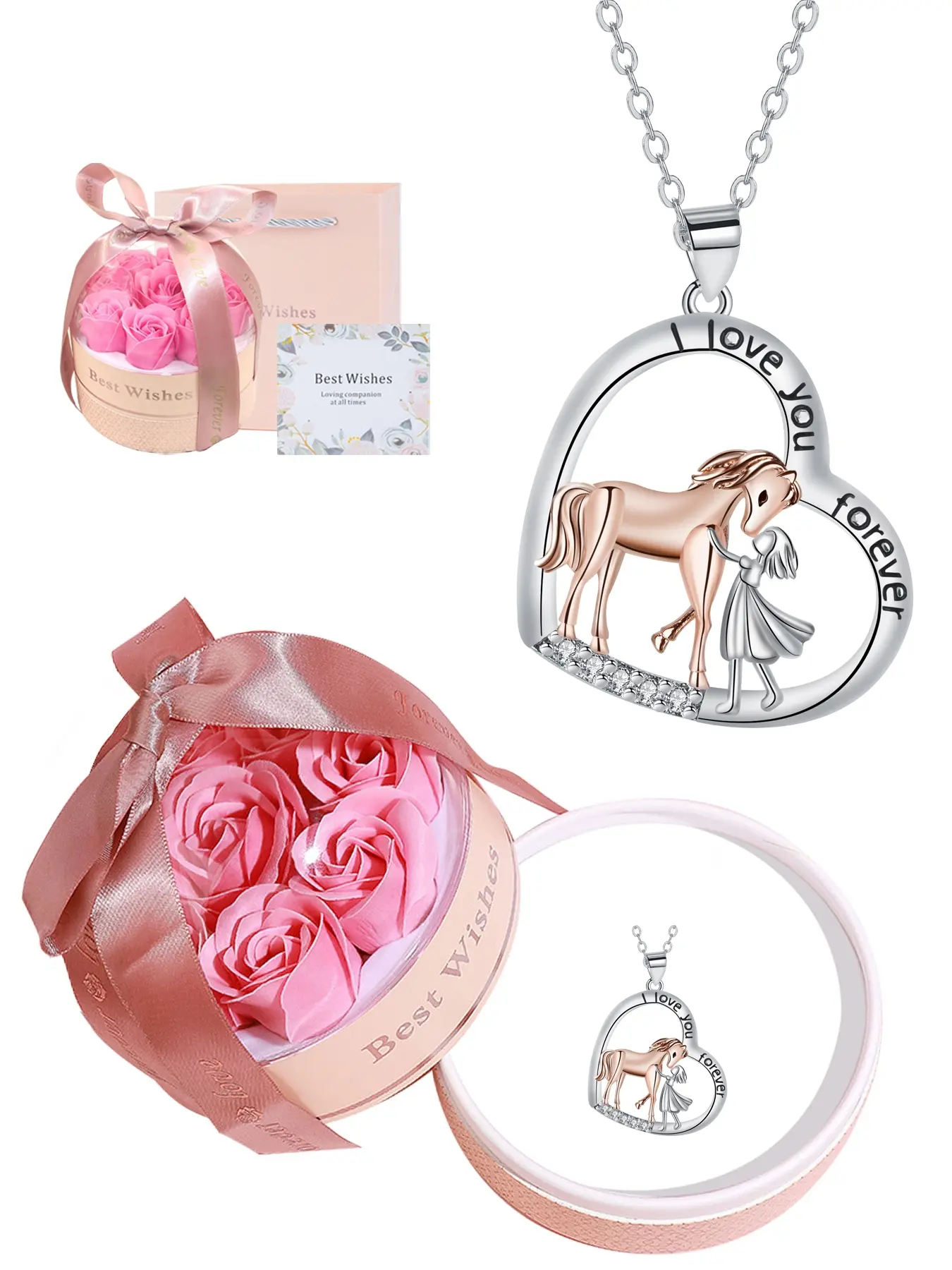 Girls and Horse Necklace With Pink Rose Basket Jewelry Gift Box, Horse Necklace Heart Pendant Necklace, Birthday Jewelry Gifts for Daughter Granddaughter, Valentine's Day Gift for Girlfriend