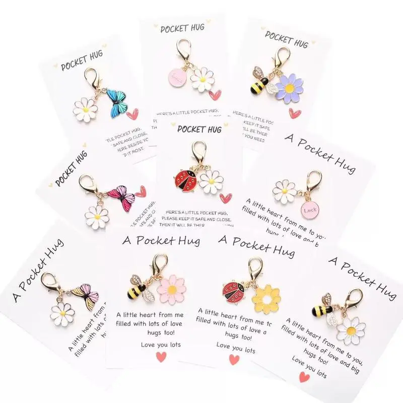 20 Set (10 Cards + 10 Keychains) Pocket Hug Favors - Ladybird Keyring Pun Note Cards, Card+Keychain, Quality Resin Butterfly Accents, Small Tokens of Gratitude for Coworkers (Party Bags & Gifts Supplies)