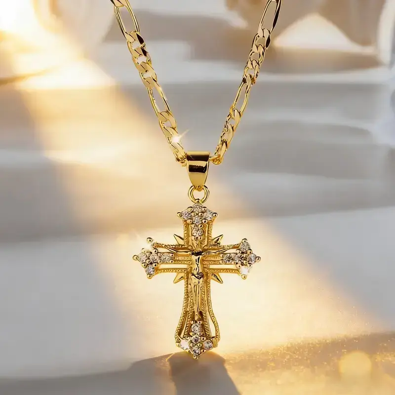 Virelyn B 14K Gold-Plated Jesus Cross Pendant Necklace with Sparkling Accents Elegant Religious Jewelry for Thanksgiving Graduation Gifts and Daily Wear