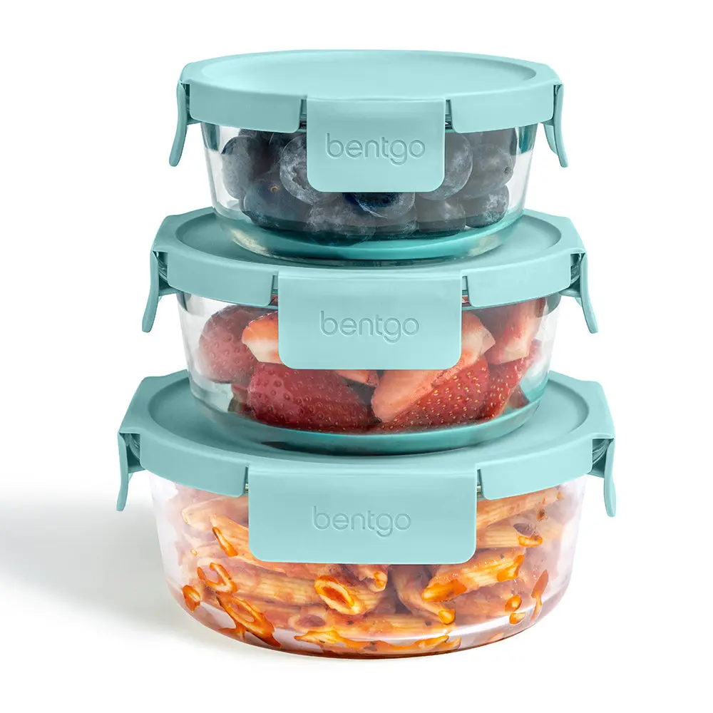 Bentgo Glass Leak-Proof Food Storage Set - 3 Meal Prep Containers with 3 Custom-Fit Lids, BPA Free, Dishwasher Safe Round Kitchenware