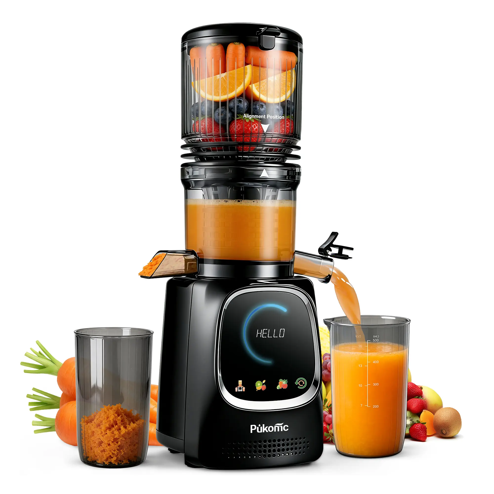 Pukomc Slow Masticating Cold Pressed Juicer - 5.3" XL Feed Chute, High Yield, Metal Body, Removable & Washable Parts, Fruit Vegetable Waste Reduction, Easy Clean Kitchen Extractor,home essentials
