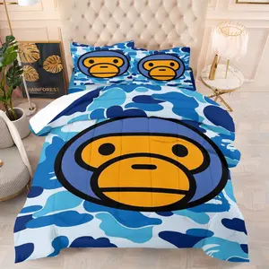 Blue Camo & Cartoon Monkey Comforter Set and 1-2 Coreless Pillowcases, Soft Bedding Set, Soft Warm Polyester Fiber Wadding, Street Style Camouflage & Large Animal Pattern, Fresh Playful Style Bedroom Decor, Gift Choice