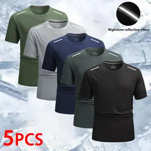 Men's 5-Pack Short Sleeve T-Shirts with Functional Reflective Accents and Quick-Dry Mesh Panels, Ideal for Gym Workouts, Outdoor Adventures, and Night Runs, Stay Cool, Dry, and Visible at All Times