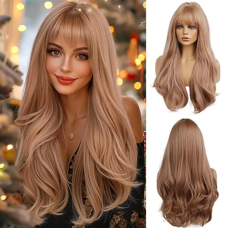 24 Inches Long Wavy Strawberry Blonde Wig with Bangs  Women Natural Synthetic Hair Heat Resistant Wigs  Daily Party Cosplay Wear for