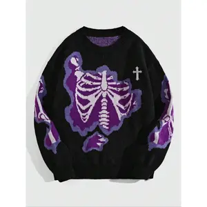 Off-shoulder Halloween skull print sweater, loose autumn/winter streetwear crewneck long-sleeve knit, fashionable everyday wear GARMENTARY