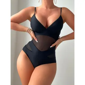 Sexy One-Piece Swimsuit Mesh High Waist Swimsuit V-Neck High Cut Swimsuit