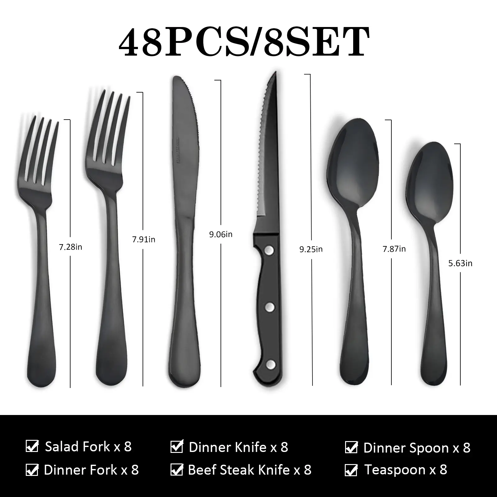 Delilah 48-Piece Reusable Food Grade Stainless Steel Cutlery Set - Silver-Toned Tableware Set for 4, Flat Spoons, Steak Knives, Dishwasher Safe, Modern, for Home Gatherings & Everyday Family Dining