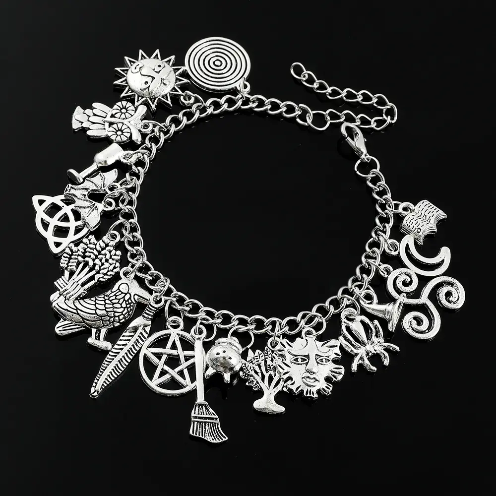 Vintage Witchy Charm Bracelet - Silver-Tone Pagan-Inspired Jewelry with Moon, Sun, Tree of Life, Owl, Pentagram Charms - Celestial Gothic Boho Gift (Celestial Theme, Dark Romance Vintage, Moon and Sun Symbol, Mystery Bracelets & Bangles)